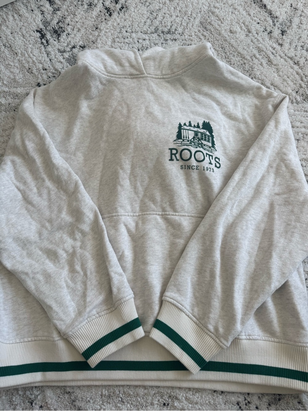 Roots Light Cream Crewneck Sweatshirt with Green Logo and Trim